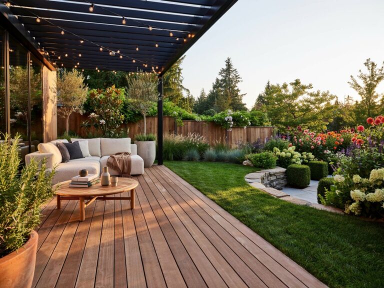 Modern backyard deck surrounded by beautiful landscaping with bold title showcasing dreamy landscaping ideas around a deck.