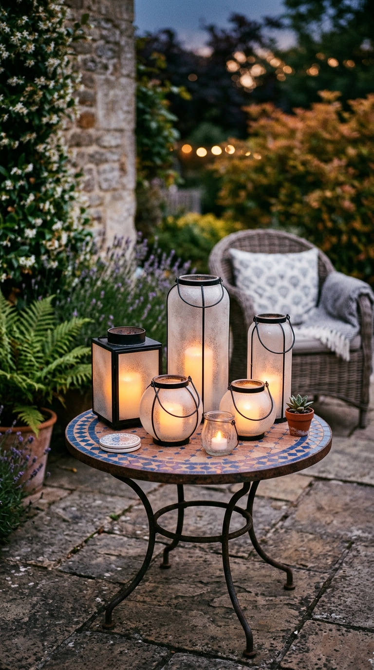 Cluster of frosted glass lanterns on a small patio side table