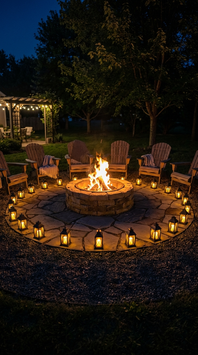 Lanterns arranged around a fire pit seating circle in a backyard