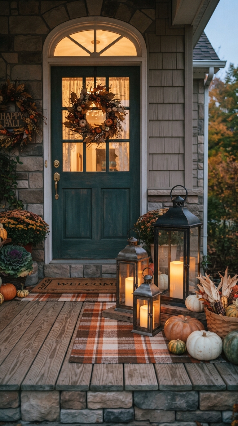 Cozy lantern trio lighting for fall front porch entryway