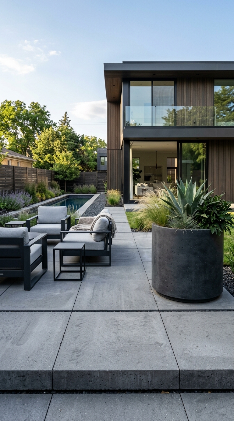 Large-format gray concrete paver slabs in a modern backyard patio