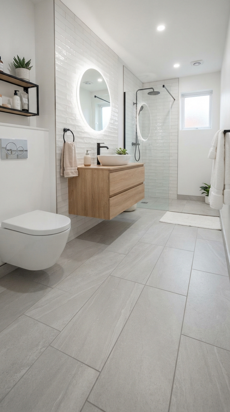 Large-format porcelain tile floor in a small chic bathroom