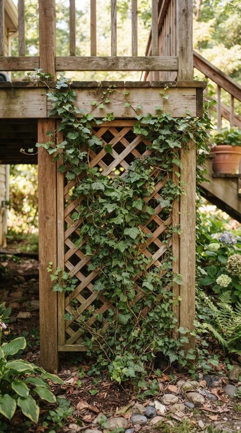 Lattice deck skirting with climbing vines and plants