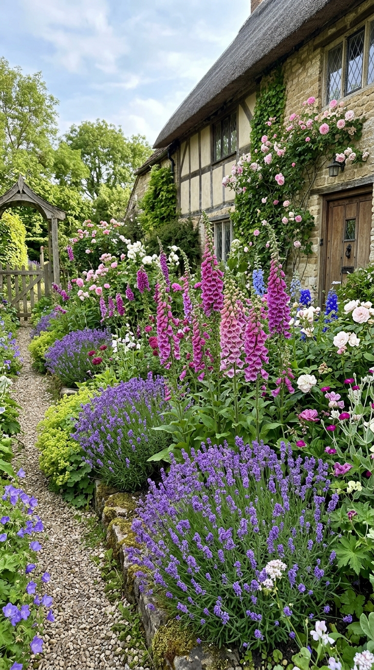 Layered lavender and foxglove bed in a romantic English garden