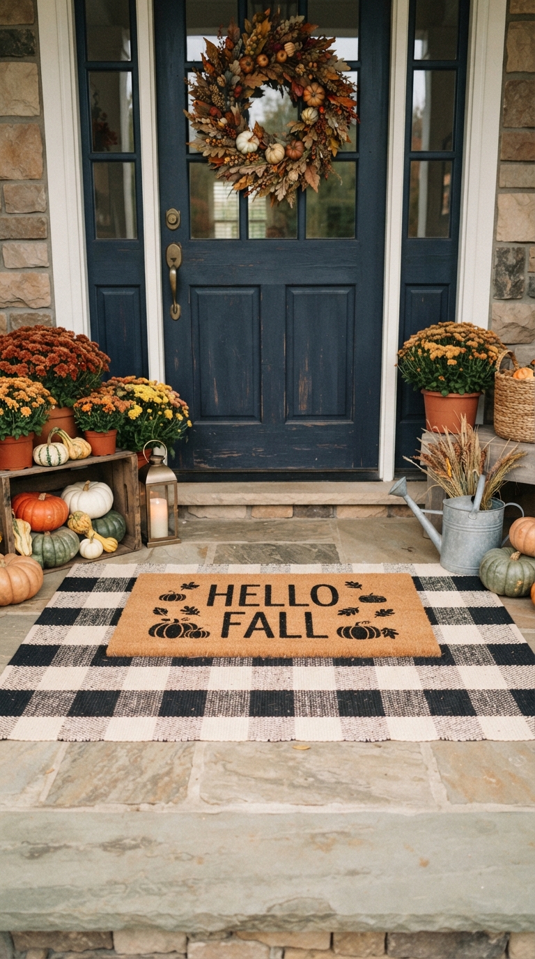 Fall doormat layered over patterned rug for cozy entryway
