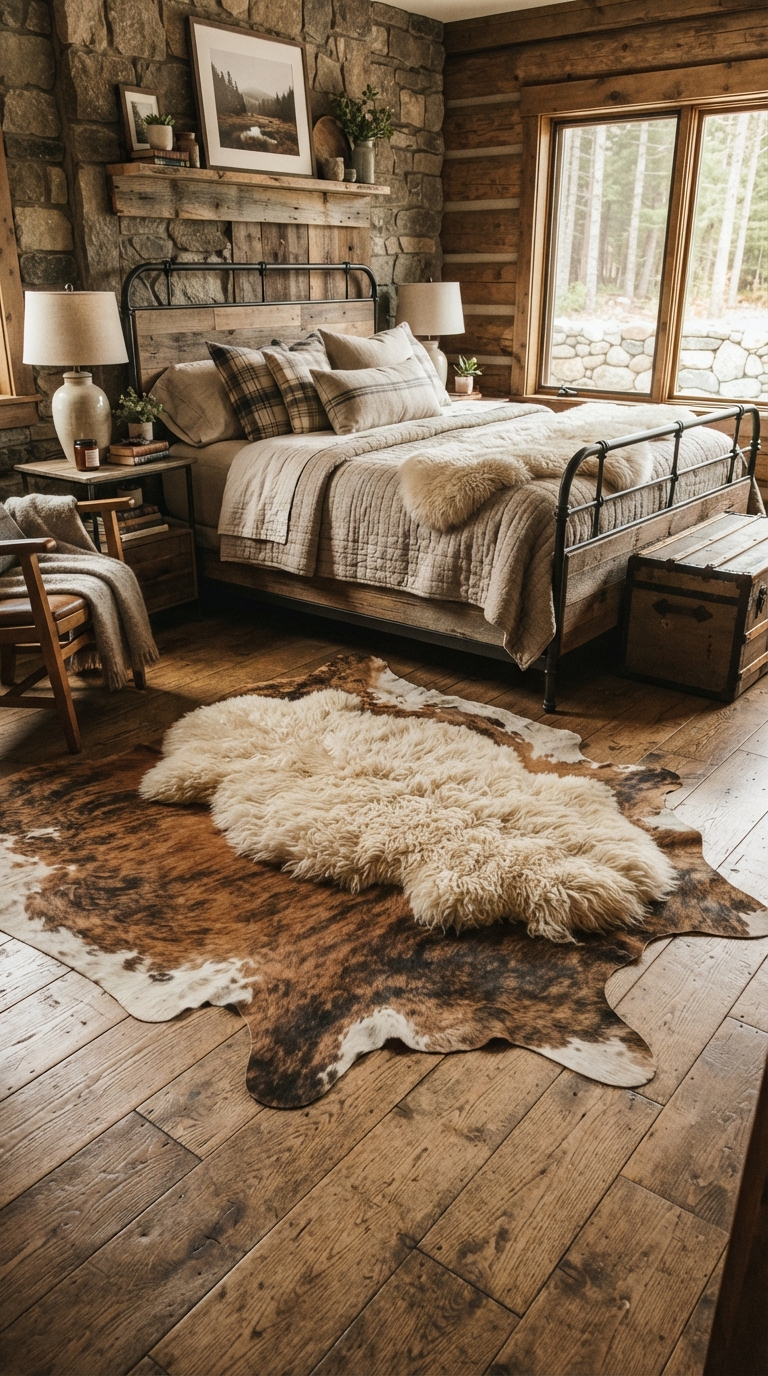 Layered natural hide rugs on the floor of a rustic bedroom