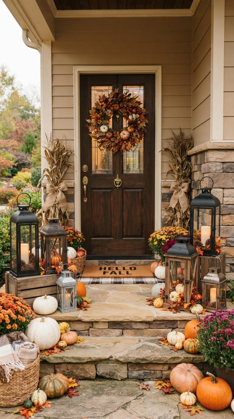 Layered lantern display framing fall front porch door