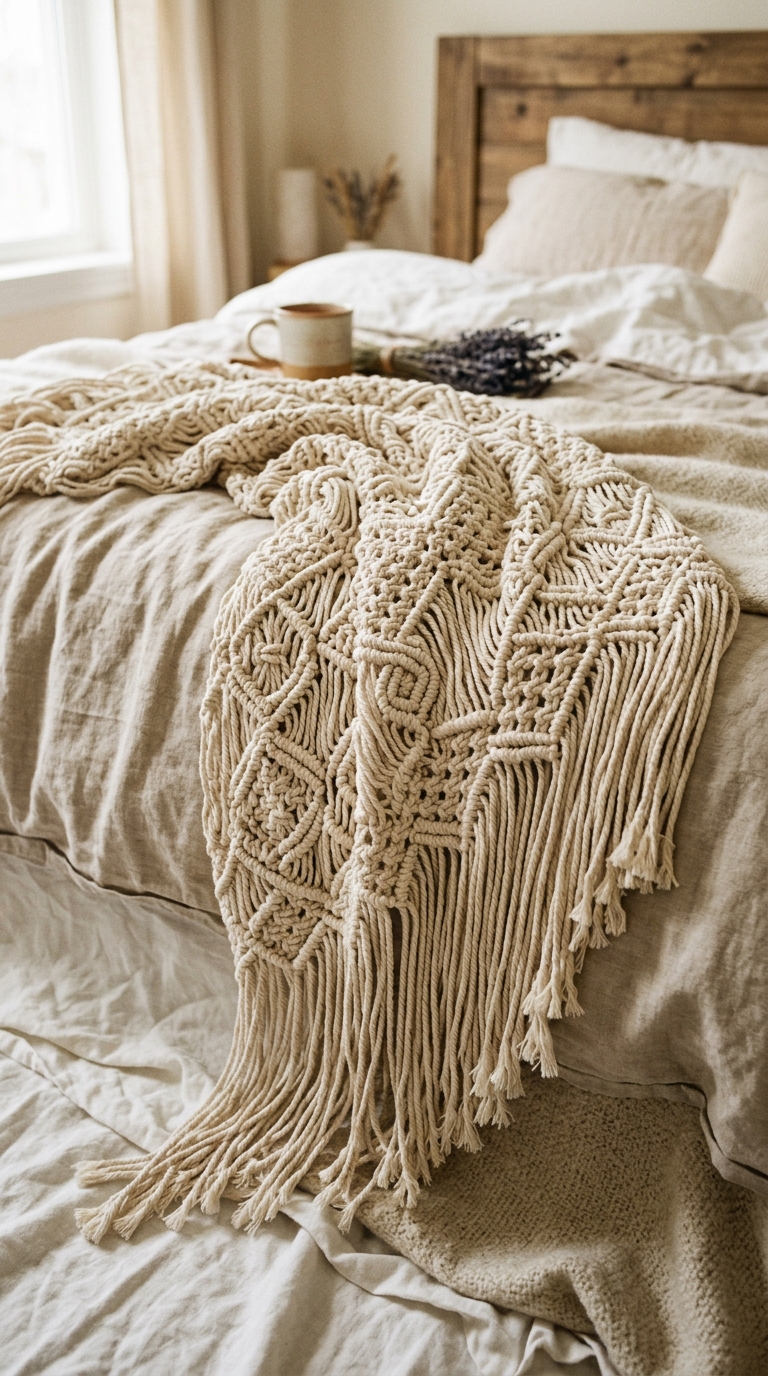 Cotton macramé throw layered over bedding in a cozy teen girl bedroom