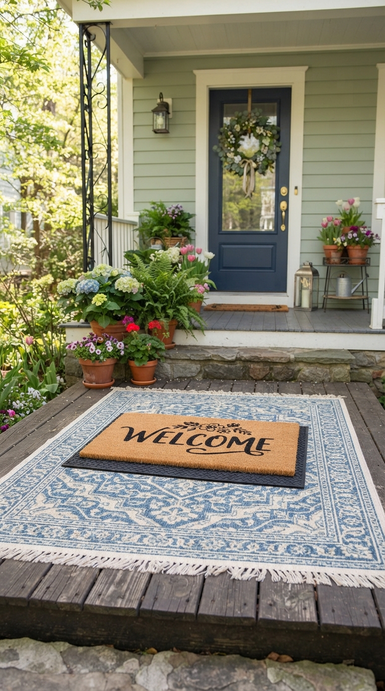 A patterned outdoor rug layered under a coir welcome mat on a spring porch