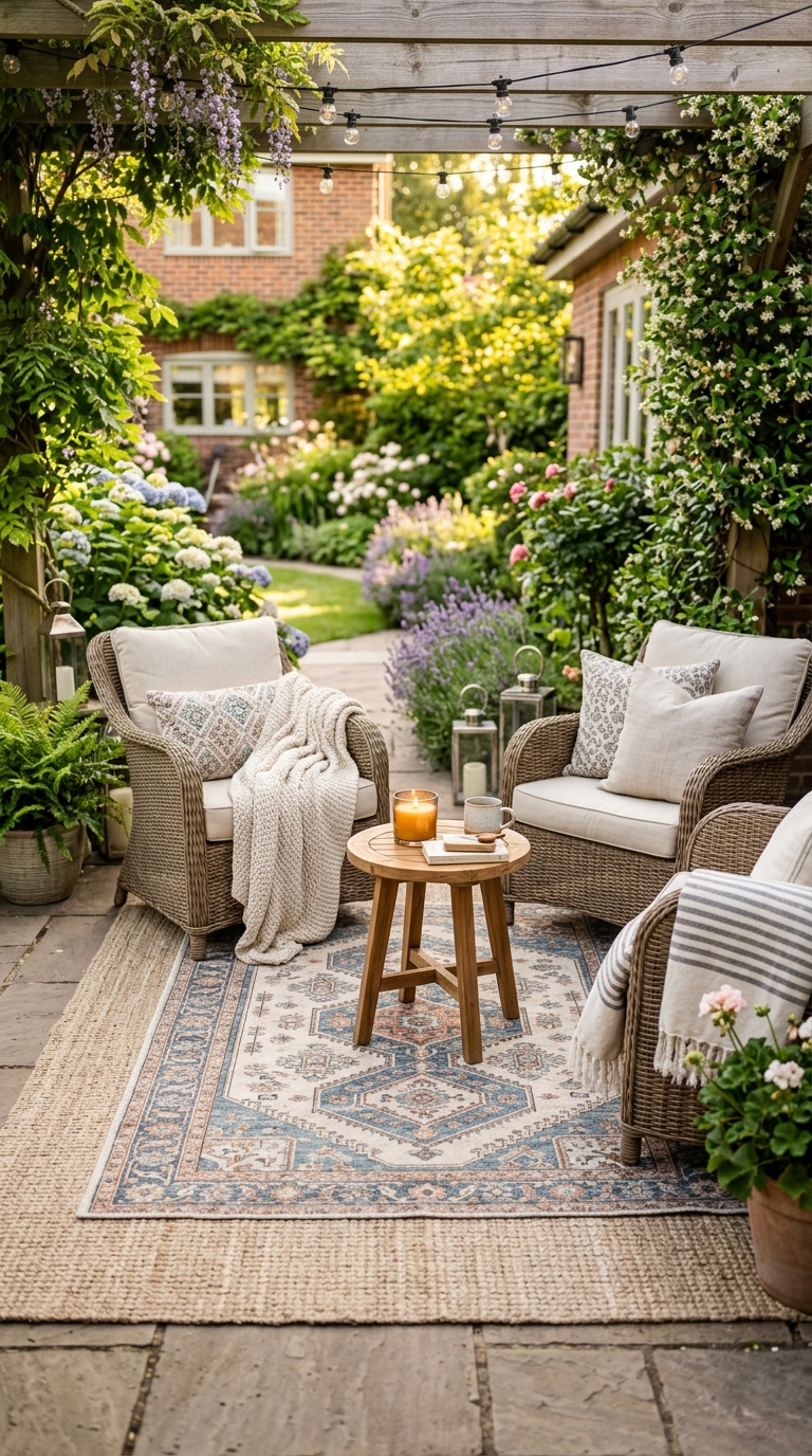 Budget patio idea using layered outdoor rugs