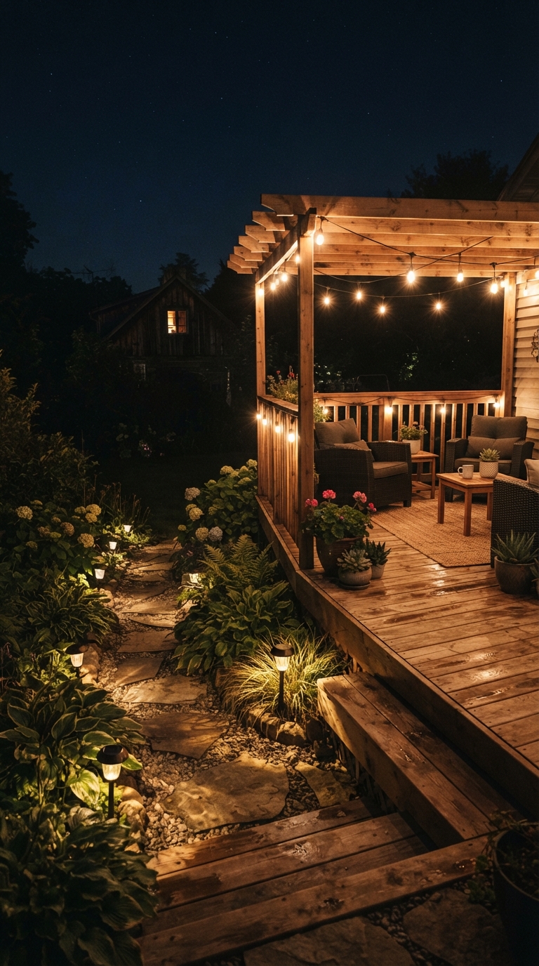Layered pathway lighting along deck landscaping at night