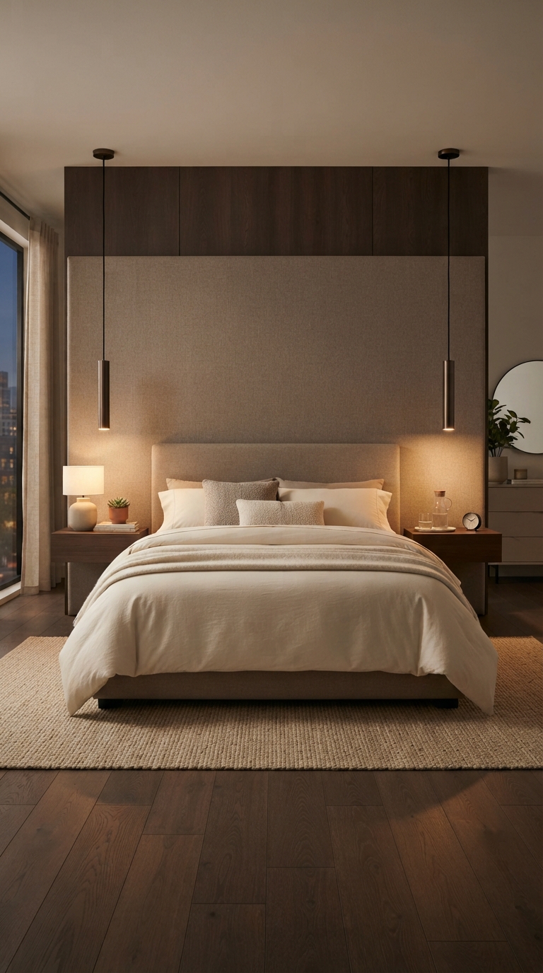 Layered pendant lighting styled beside a bed in a luxury bedroom