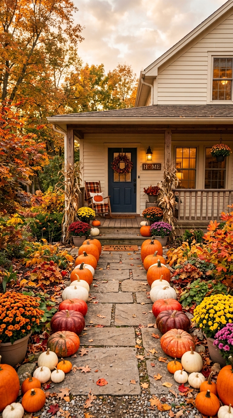 Fall front porch walkway lined with layered pumpkins in autumn colors