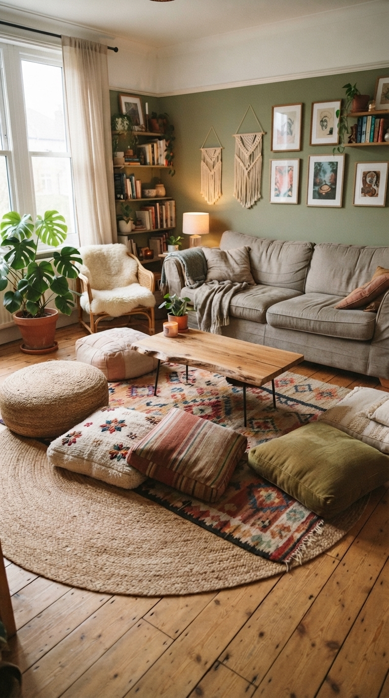 Cozy living room with layered rugs and floor cushions