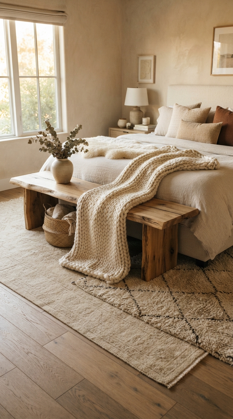 Layered rugs and chunky knit throw for a tactile luxury bedroom look