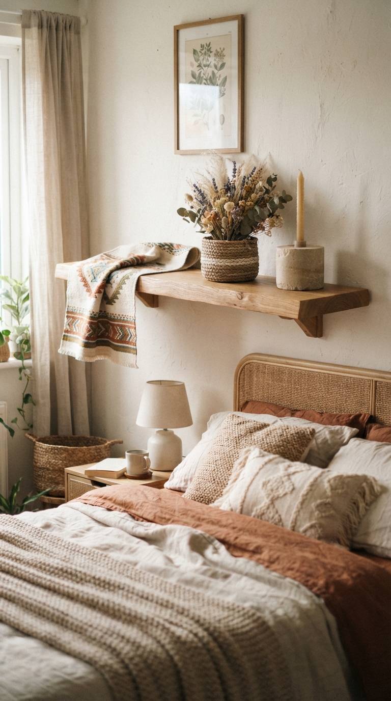 Boho bedroom shelf with draped textile and dried flower basket