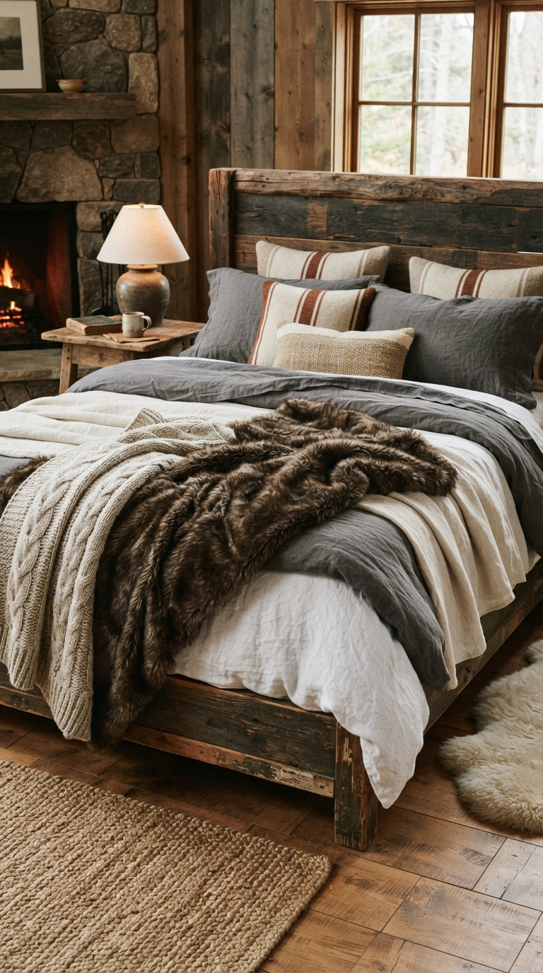 Layered wool and faux fur textiles on a cozy rustic bed