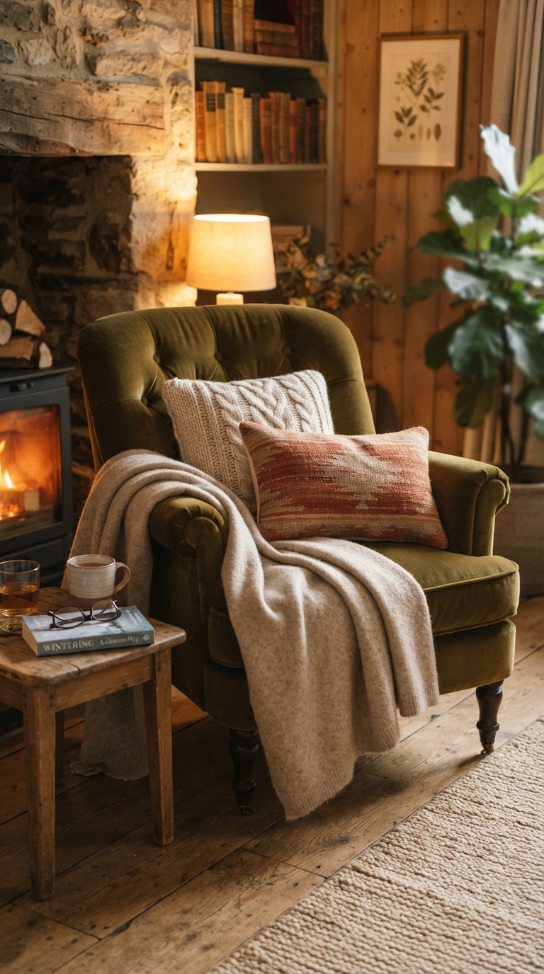 Layered cashmere throw and wool cushions on a velvet armchair, old money textures