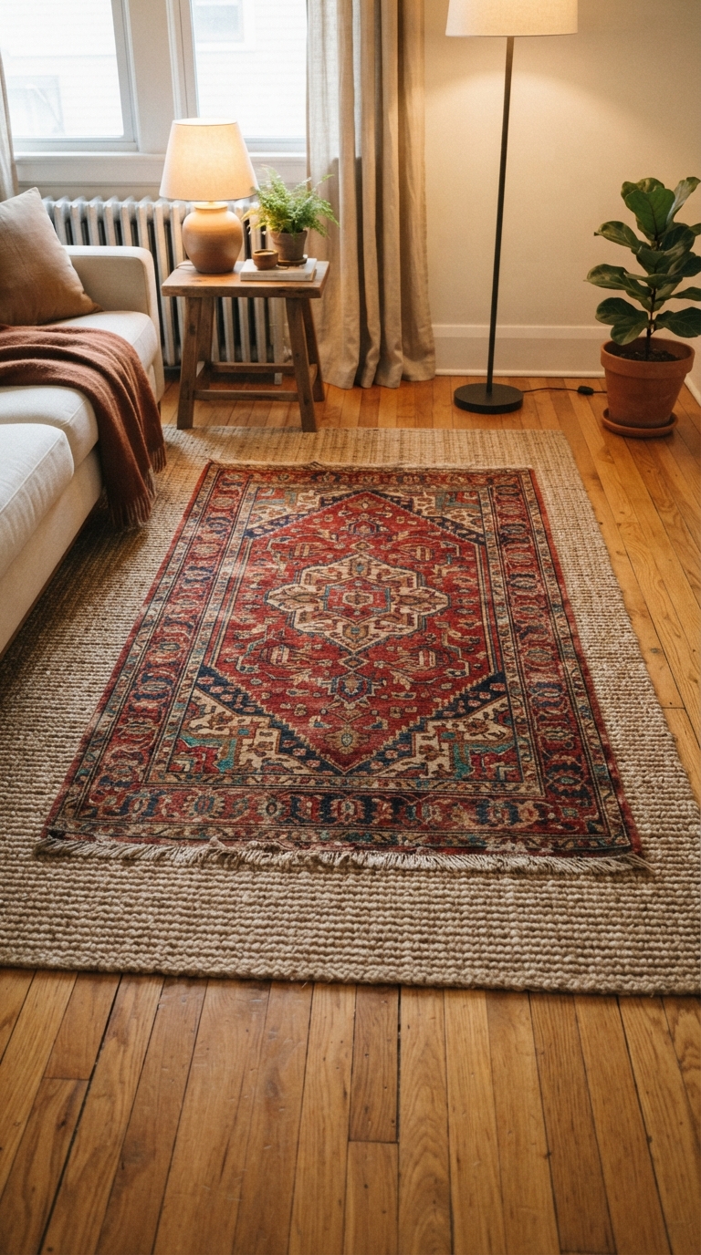 Layered vintage-style Persian rug over a neutral base rug in an old money living room