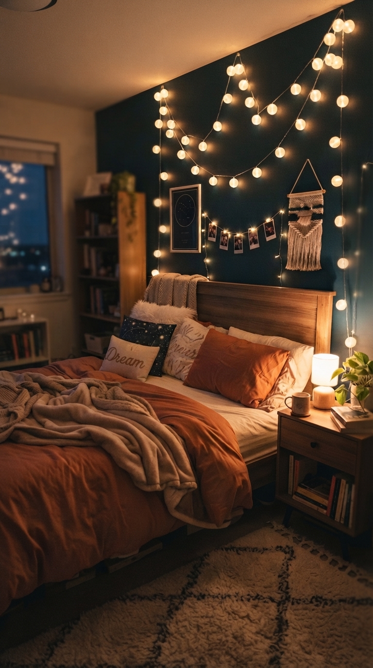 Warm LED orb string lights creating cozy mood lighting above a teen bed