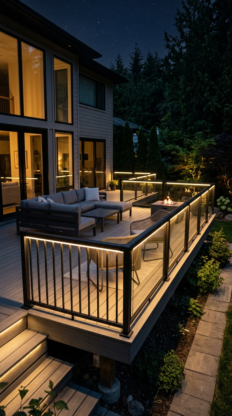 LED strip lights installed beneath deck railings for a modern glow