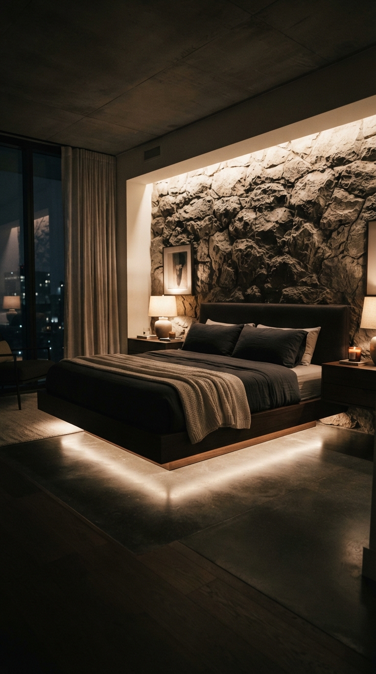 LED underglow floating bed frame against a raw stone accent wall