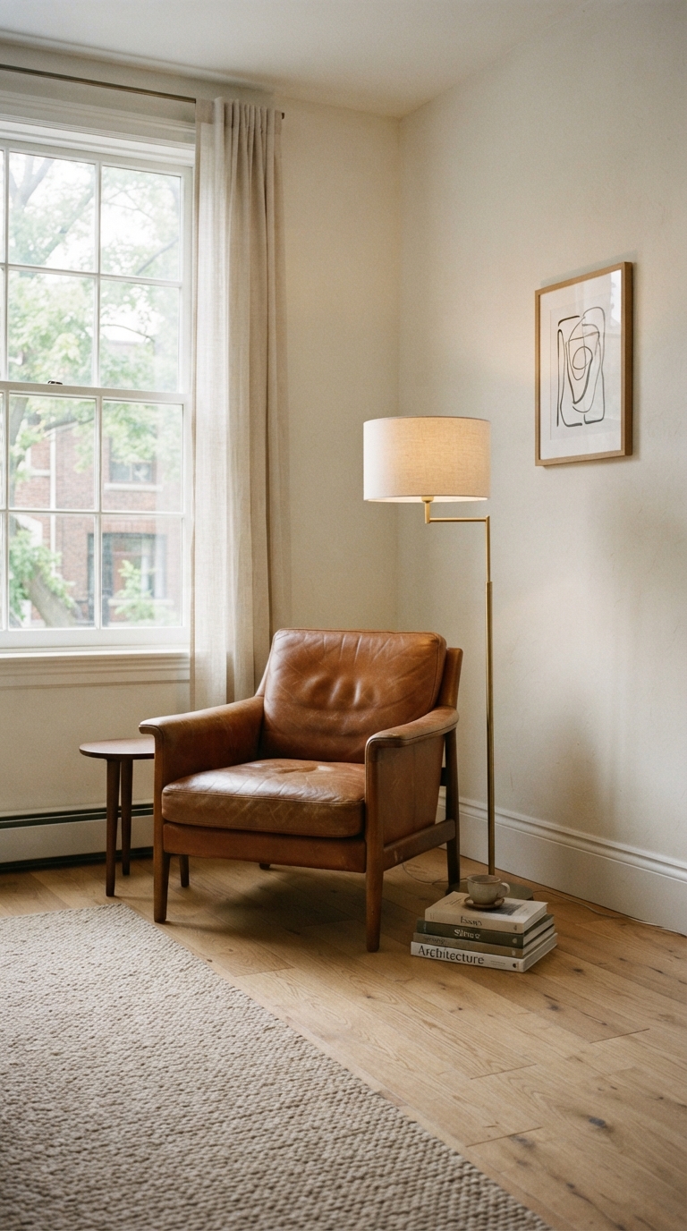 Carefully edited, minimal styling in an old money style living room corner
