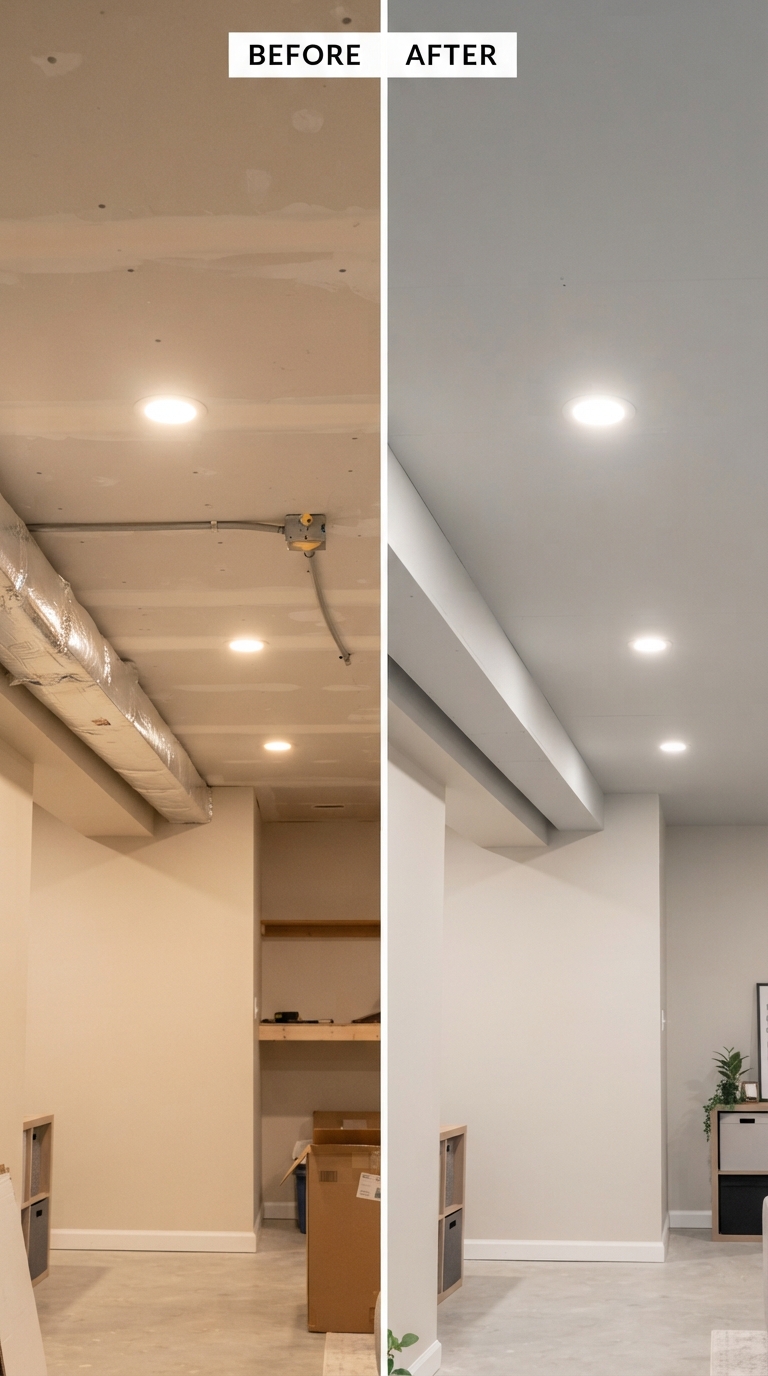 Light reflective grey paint on a basement ceiling to brighten the space