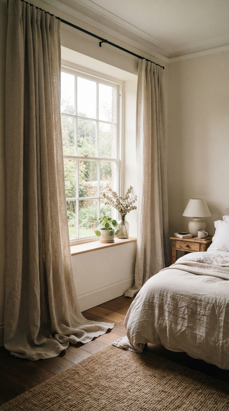 Floor-length linen drapery in an old money style living room window