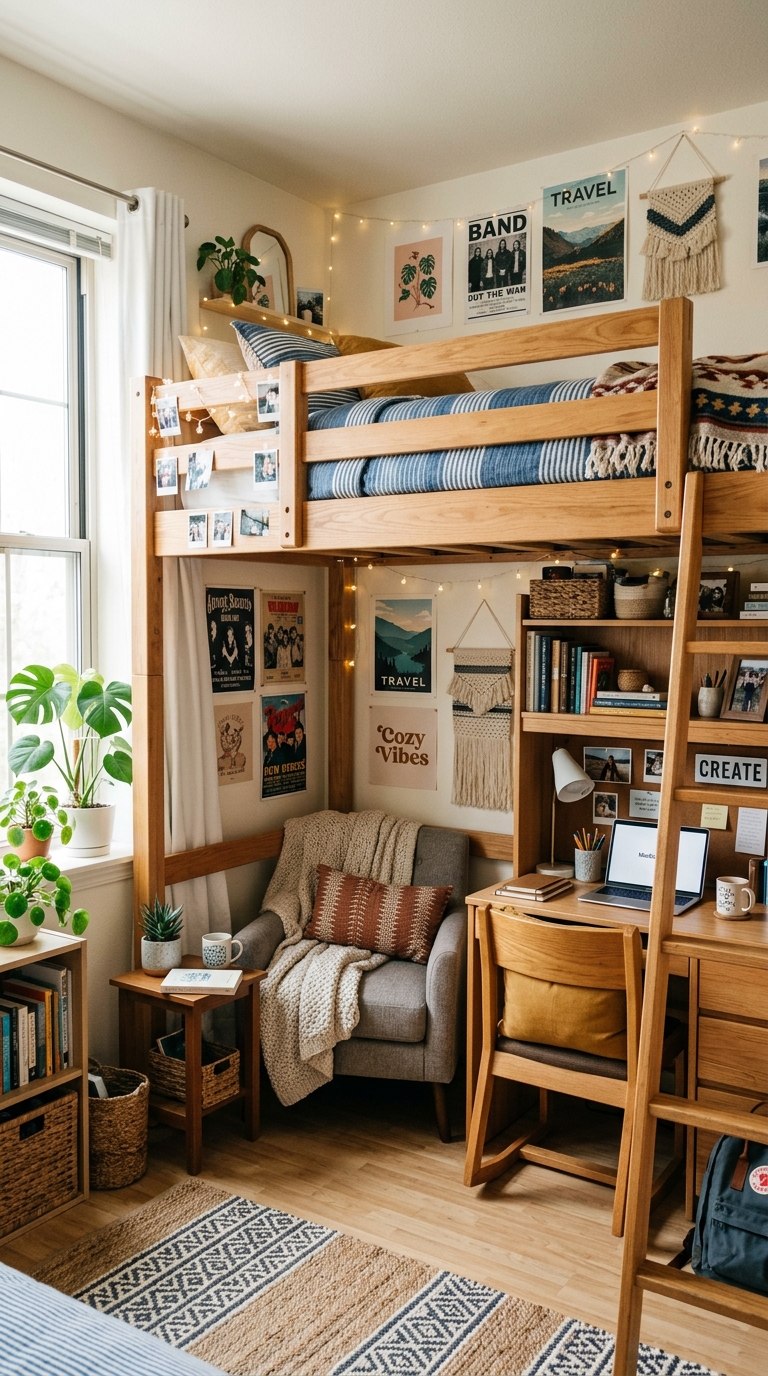 Wooden loft bed with desk area underneath in a small teen girl bedroom