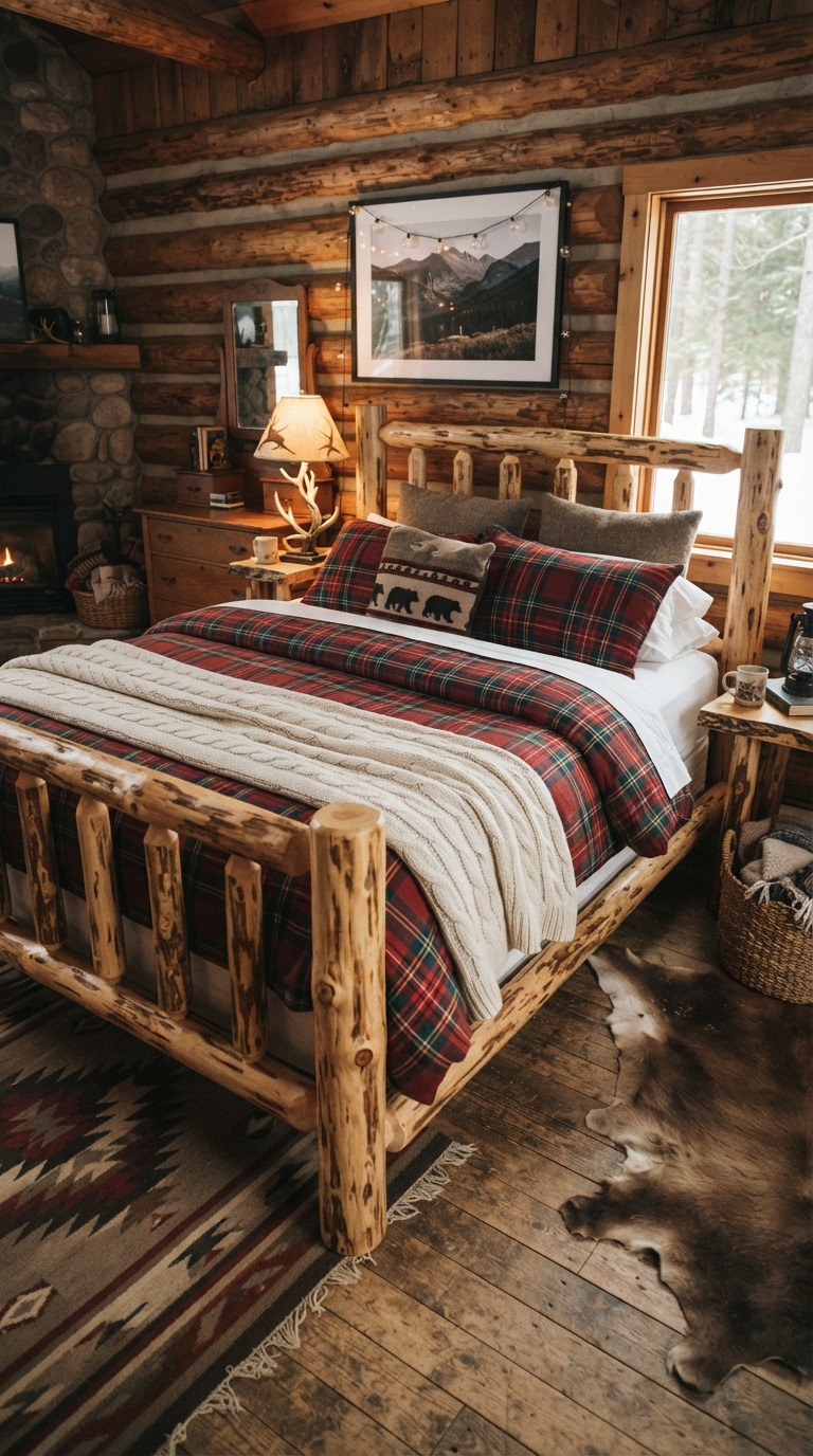 Log-style wood bed frame in a rustic cabin bedroom