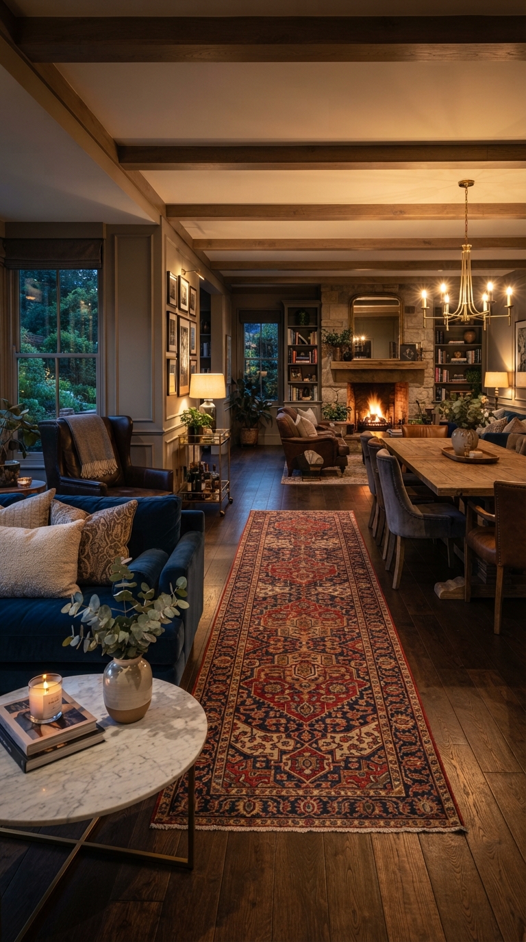 Runner rug idea to visually shorten a long rectangular living room
