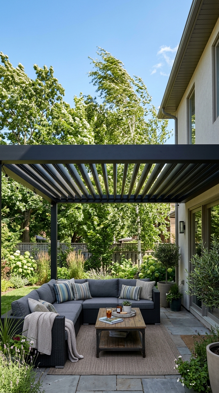 Louvered pergola roof over a windy backyard patio