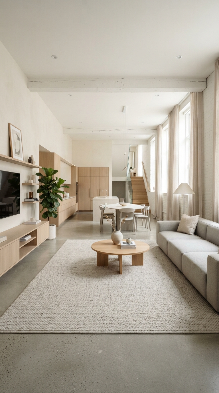 Open basement layout designed to visually raise a low ceiling