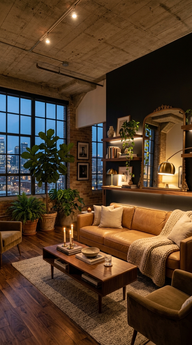 Low-light living room styled with black accent and mirror