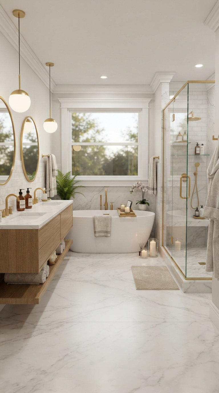 Luxury 4x4 Bloxburg master bathroom with dual vanity, soaking tub and walk-in shower.