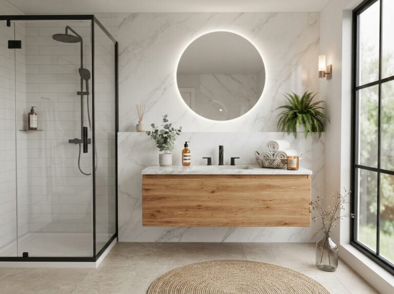 Modern luxury Bloxburg bathroom featuring marble finishes, floating vanity, black fixtures, warm lighting, and budget-friendly elegant design.