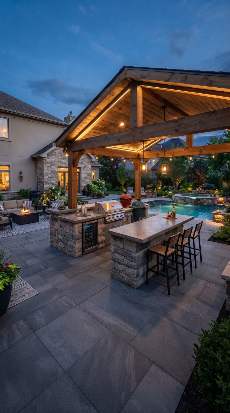 Luxury outdoor kitchen built into a large-format paver patio