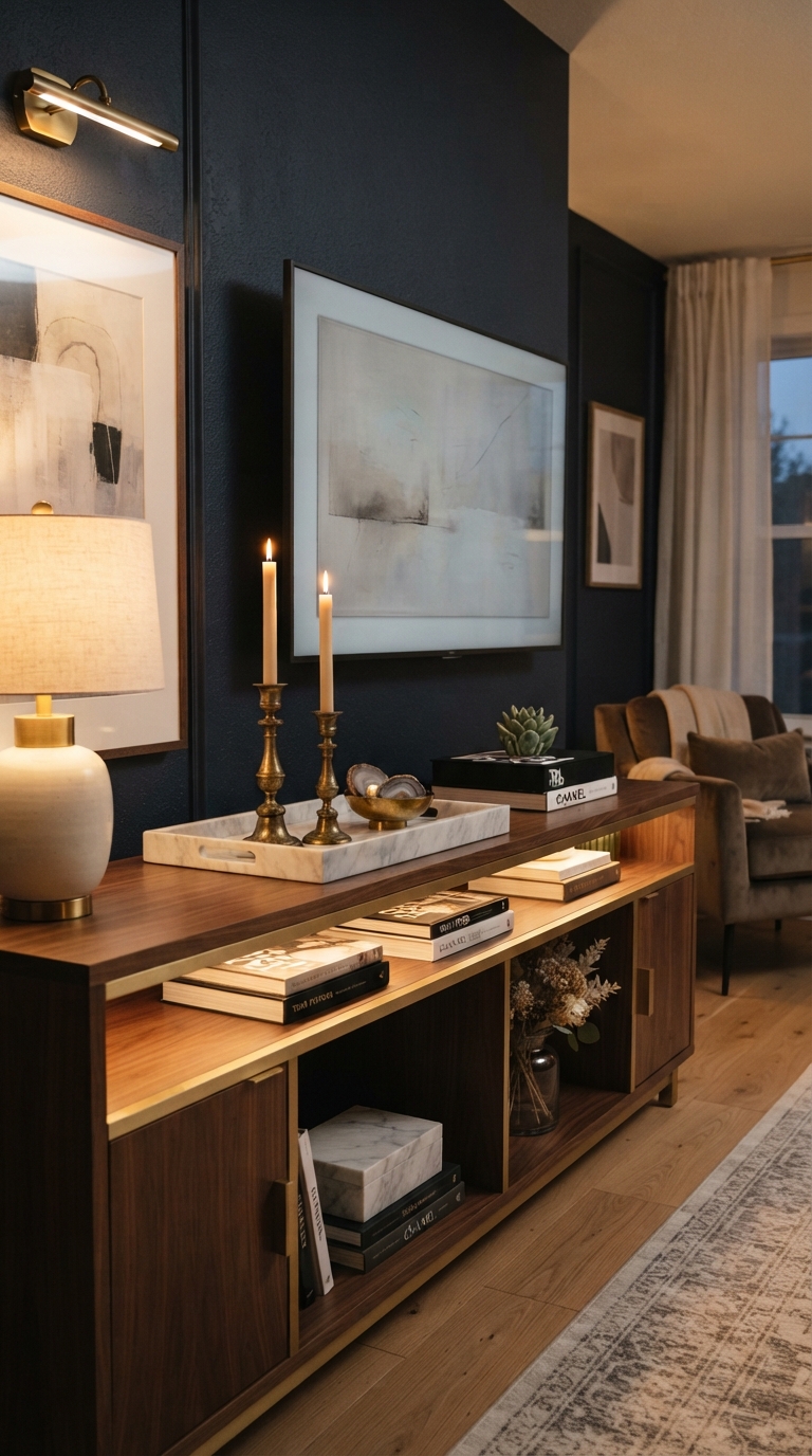 Luxury TV console styled with marble tray and brass accents