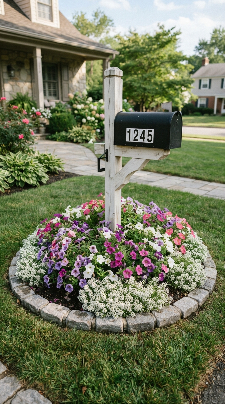 Small mailbox garden flower bed filled with petunias and alyssum
