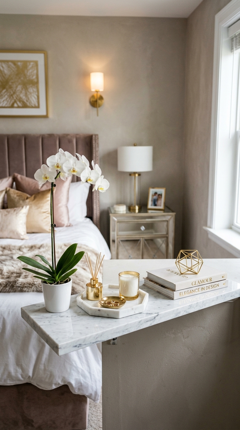 Marble-look floating shelf styled in a glam bedroom