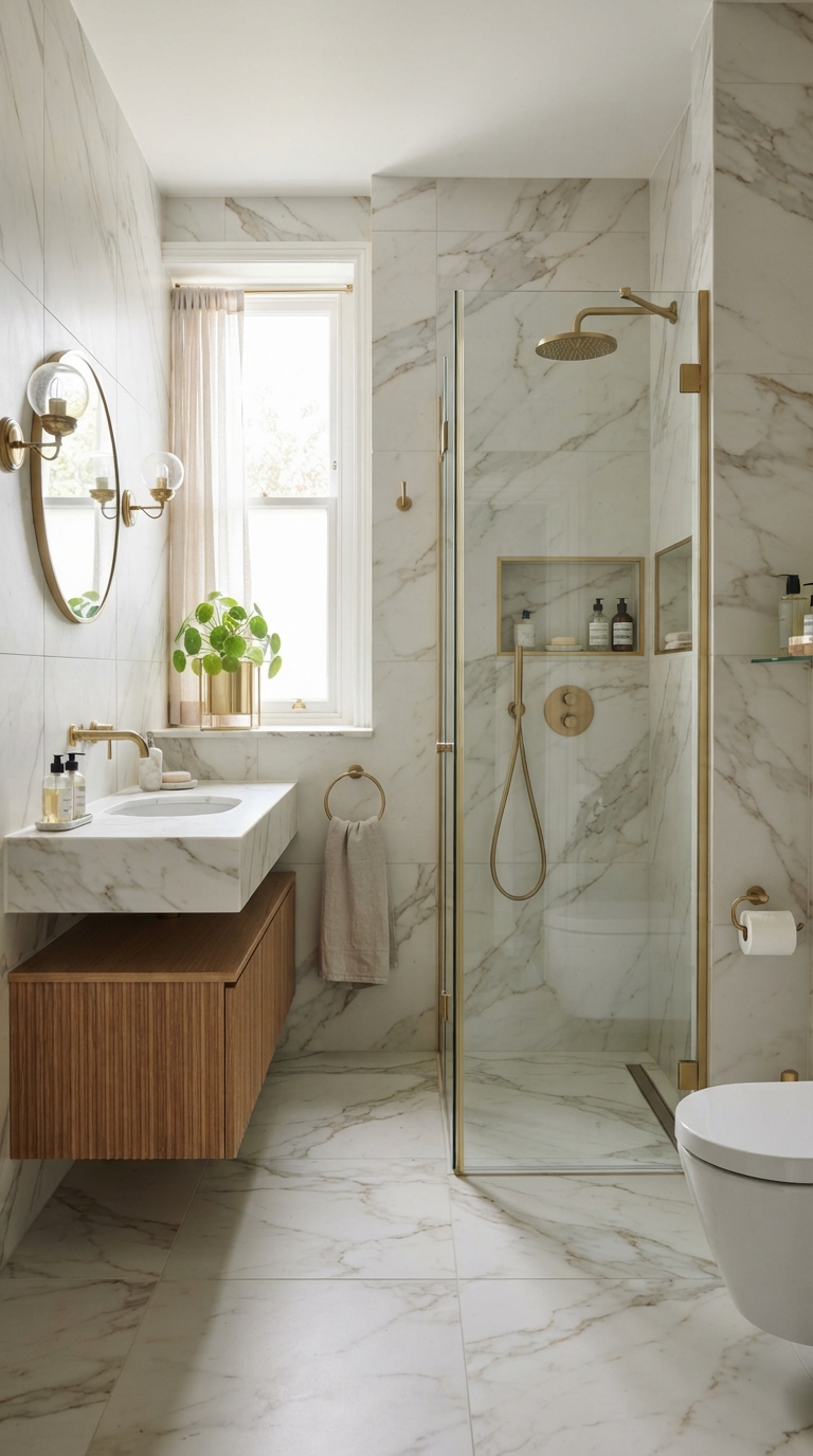 Marble-look porcelain tile bathroom as a budget-friendly splurge alternative