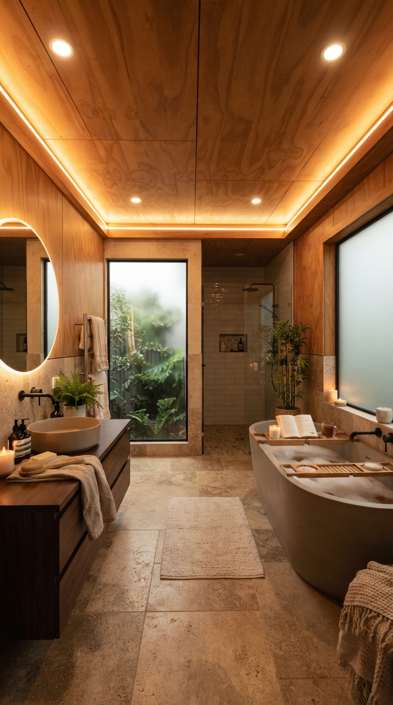 Marine-grade plywood ceiling in a spa-style bathroom