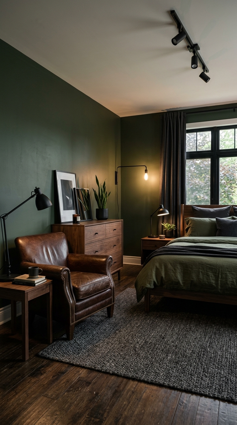 Masculine dark green bedroom styling idea