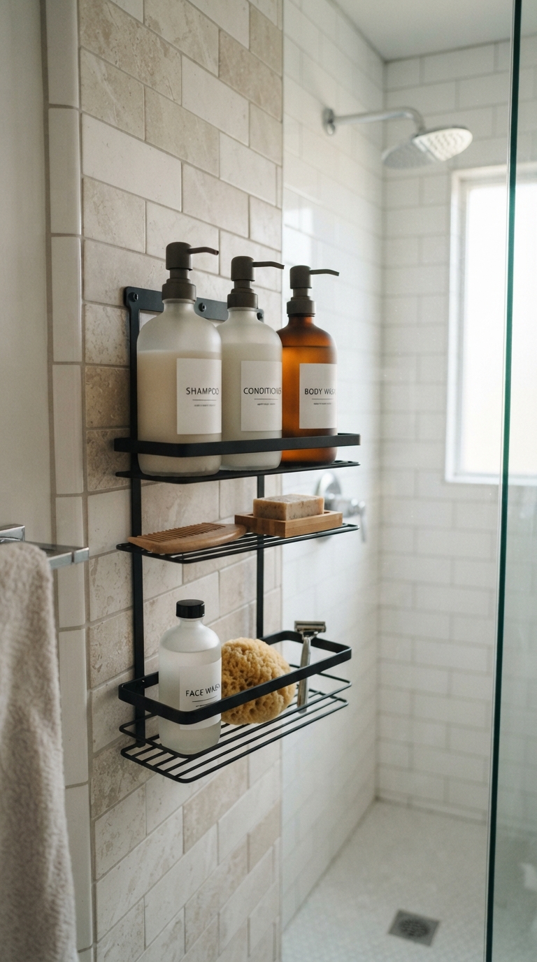Matching decanted shower dispensers creating a clean, organized look