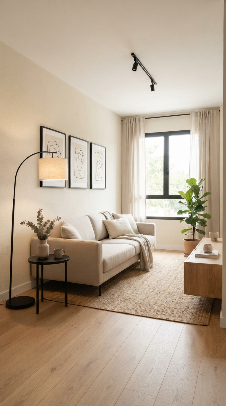 Neutral living room with matte black accent decor