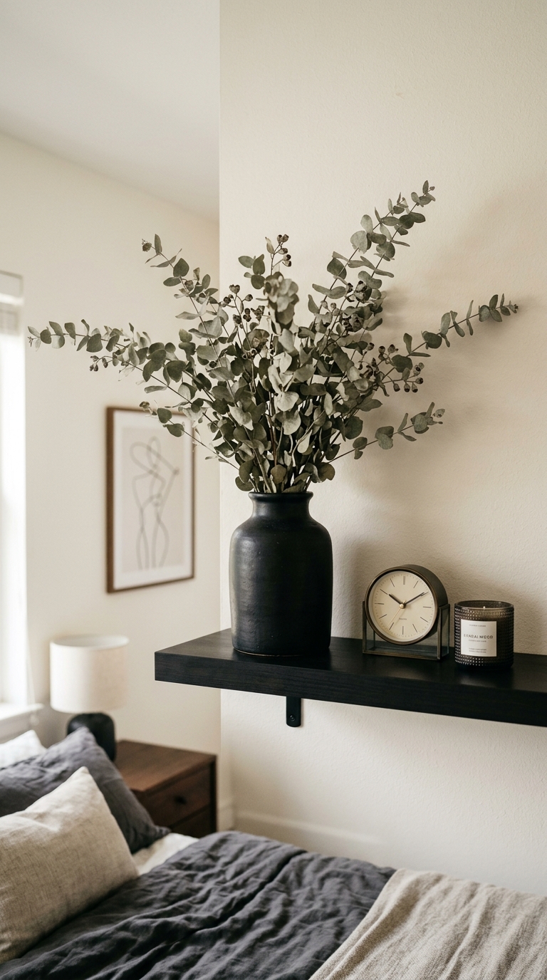 Matte black bedroom shelf with dried stems styling