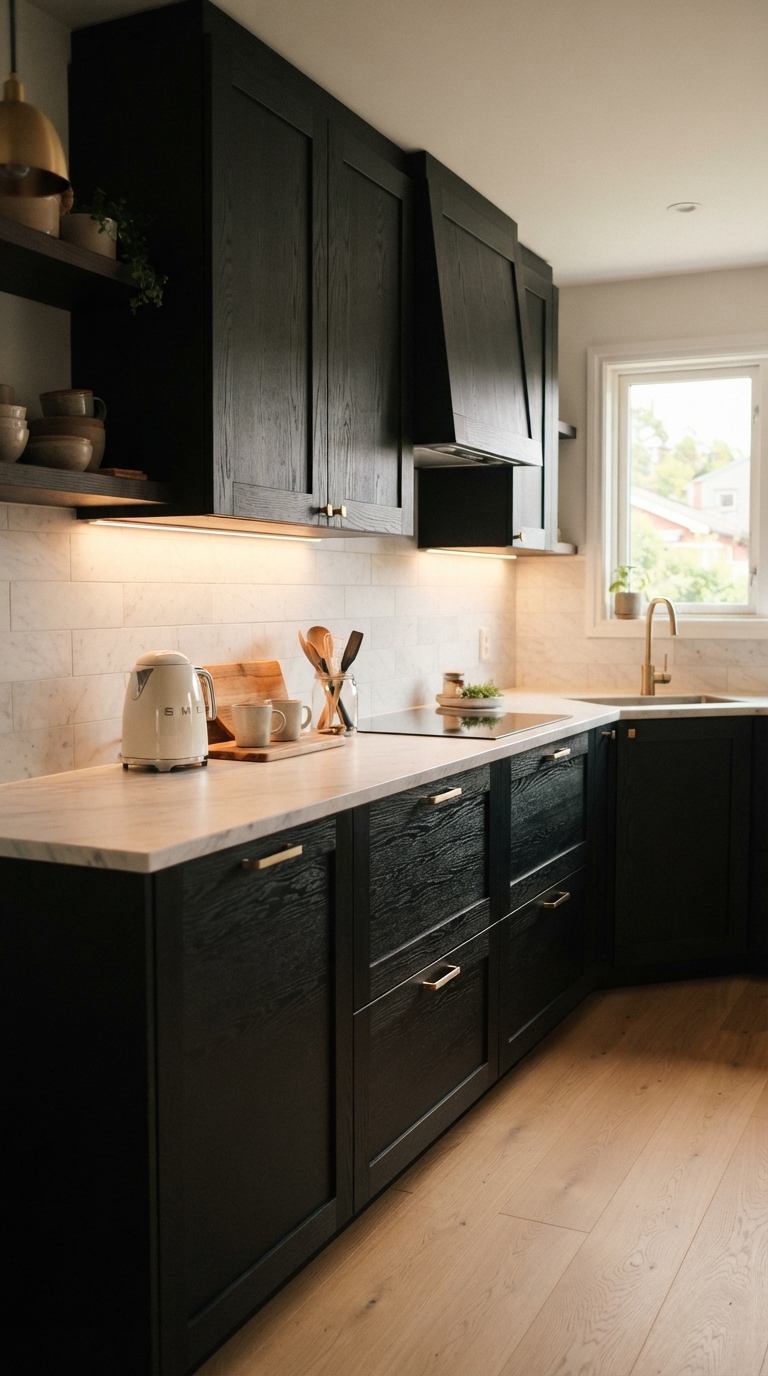 Matte black stained wood cabinets with visible grain in a modern kitchen