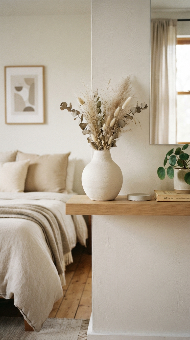 Matte ceramic vase styled on a minimalist bedroom shelf