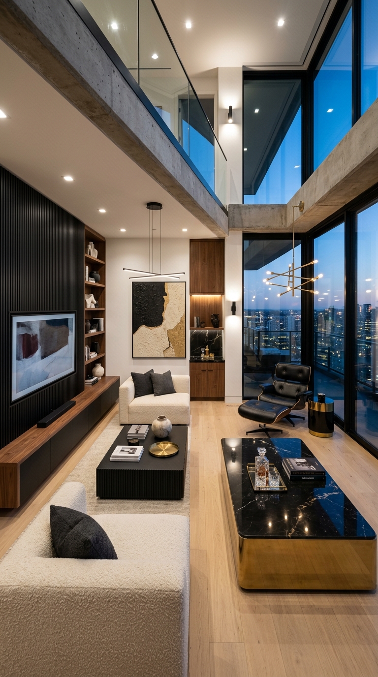 Living room styled with matte and glossy black finishes